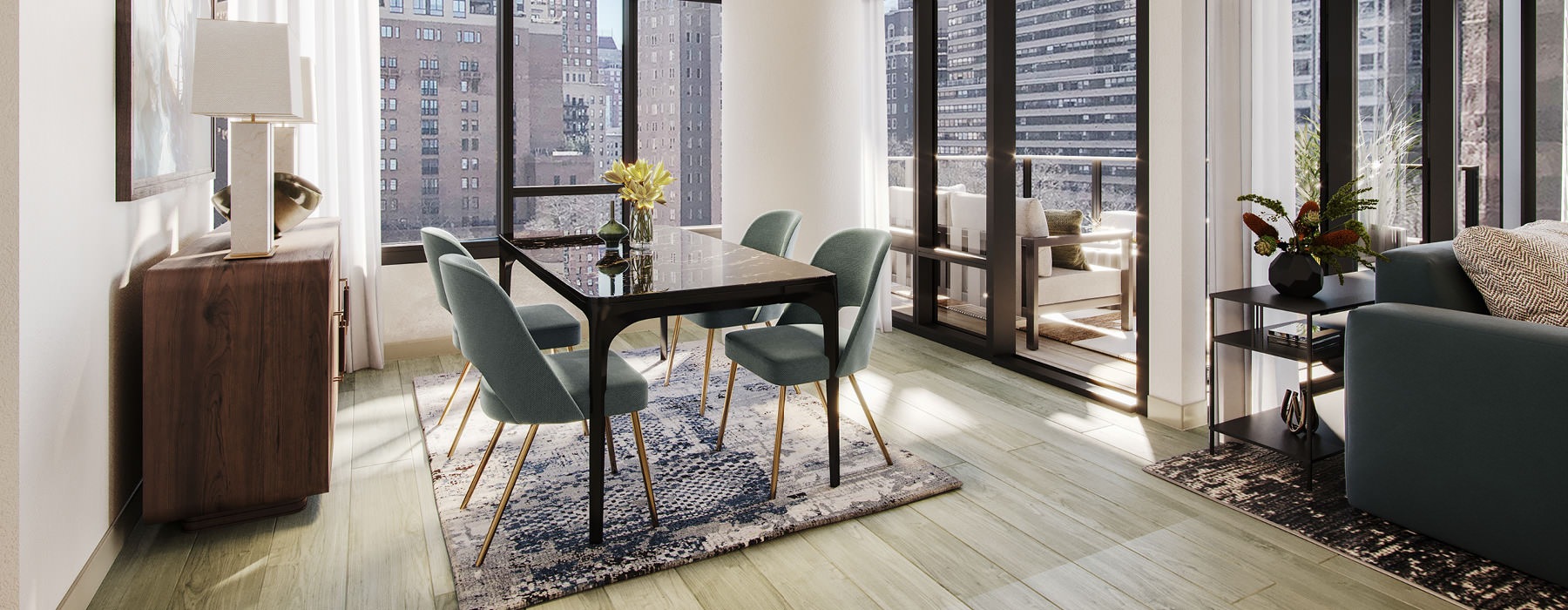 open, corner dining area surrounded by windows