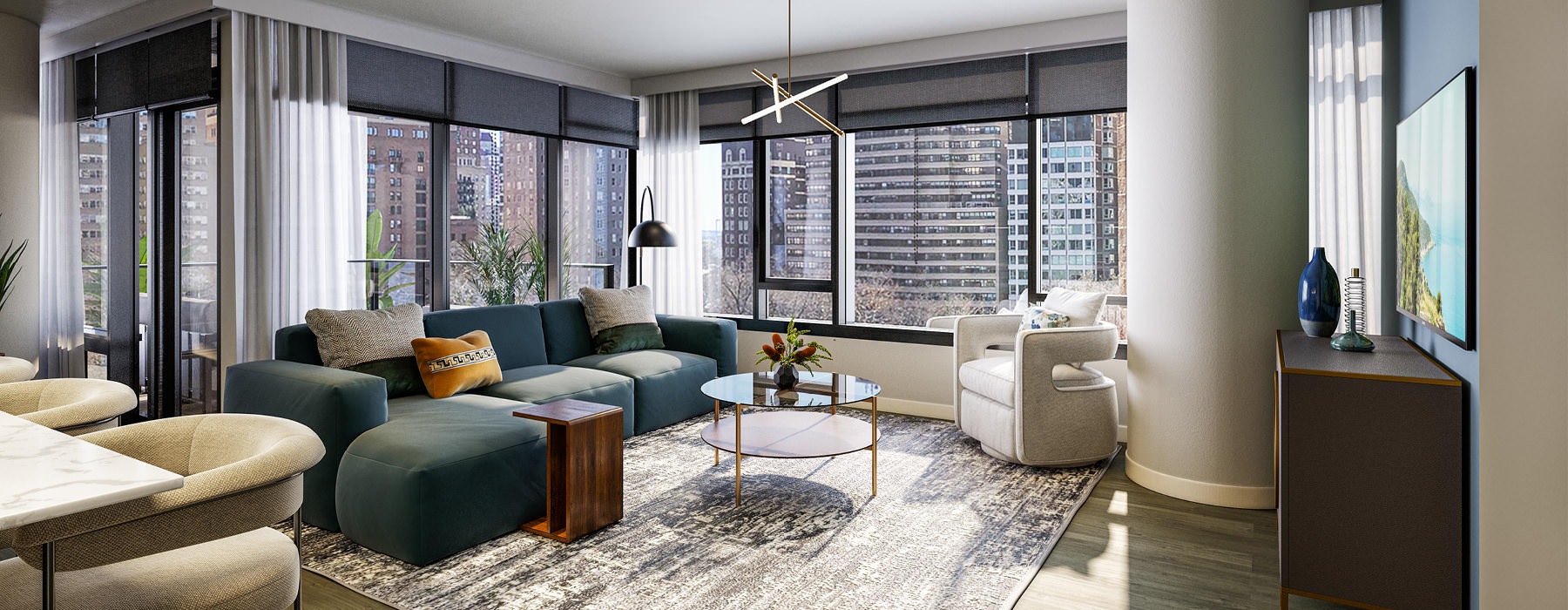 natural lighting pours through large windows surrounding open concept living room